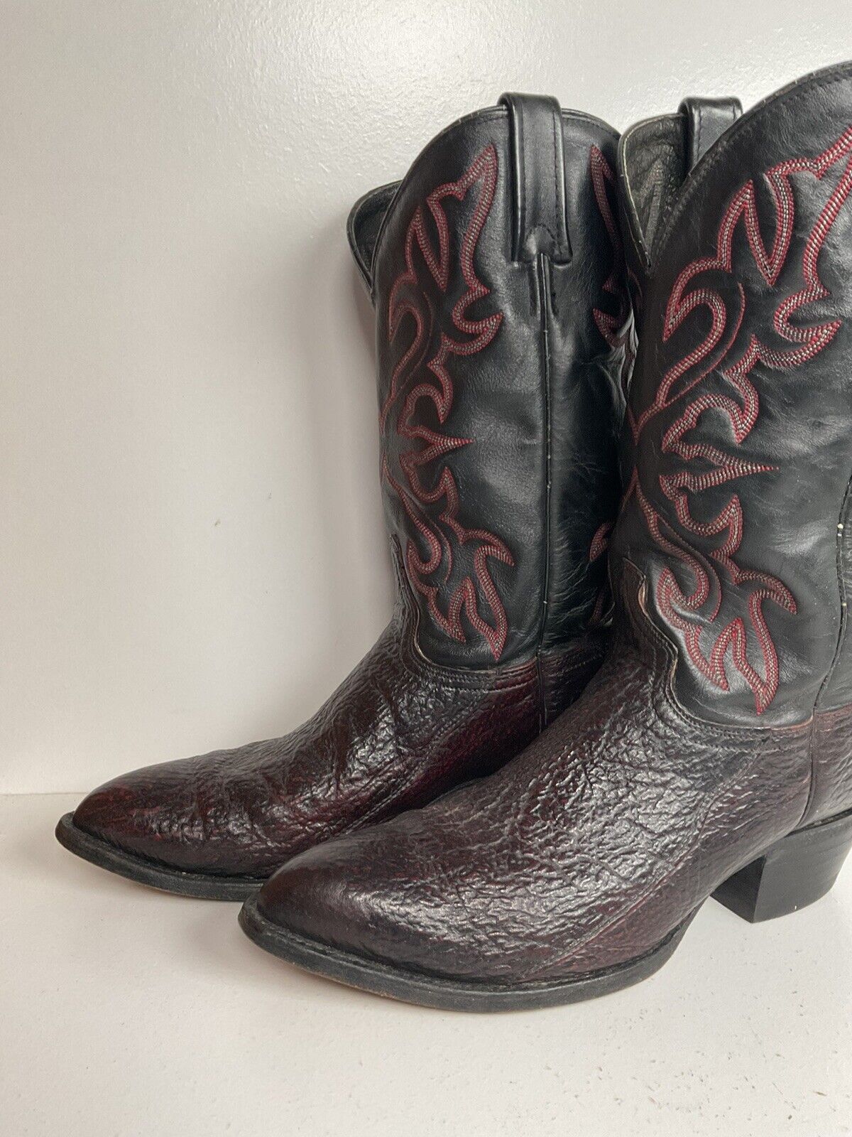 Vintage J Chisholm Exotic Shark Leather Cowboy Boots 10.5 D Black Cherry