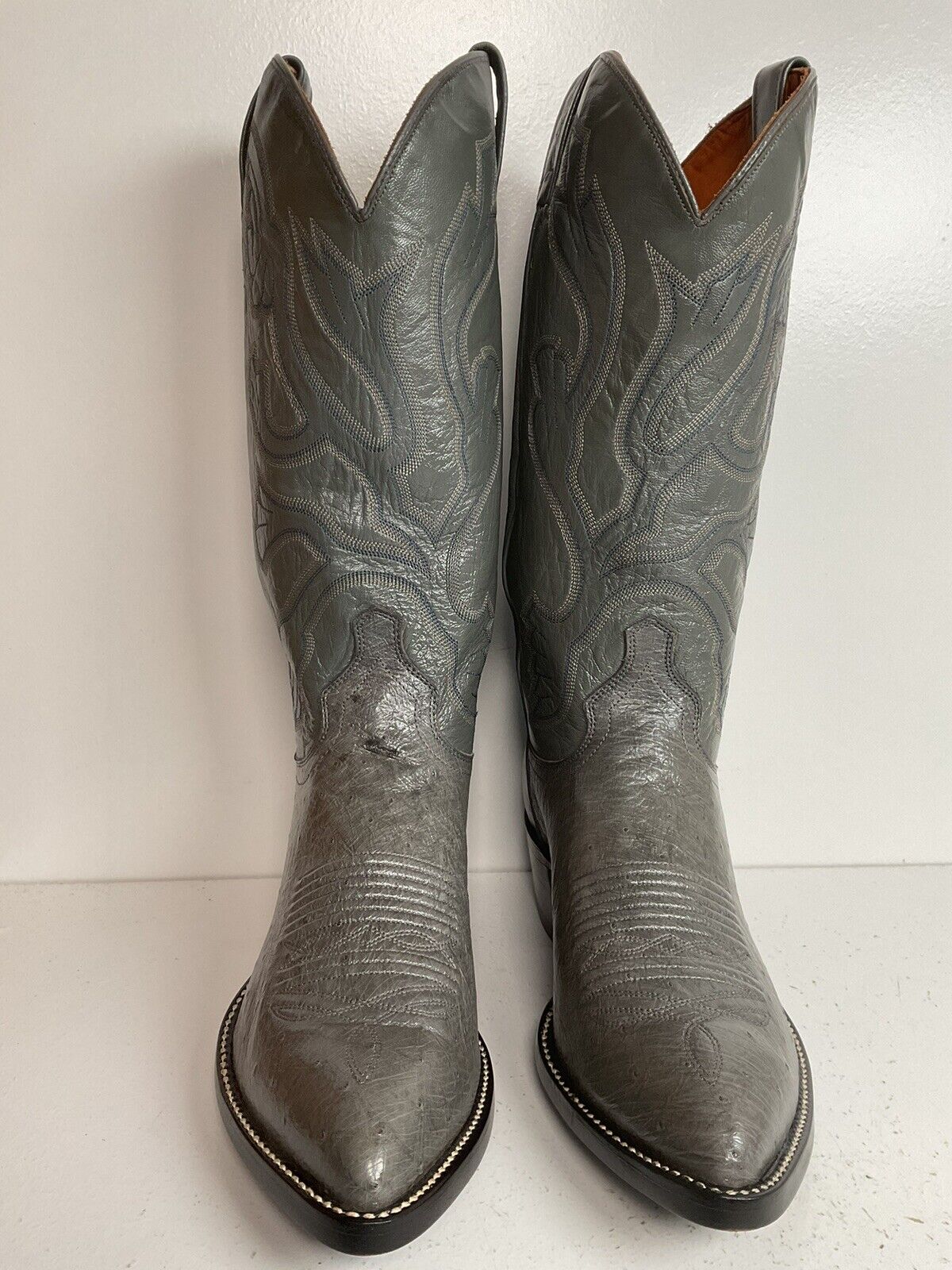 Vintage J. Chisholm Grey Smooth Ostrich Cowboy Boots 7.5 D New Old Stock Exotic