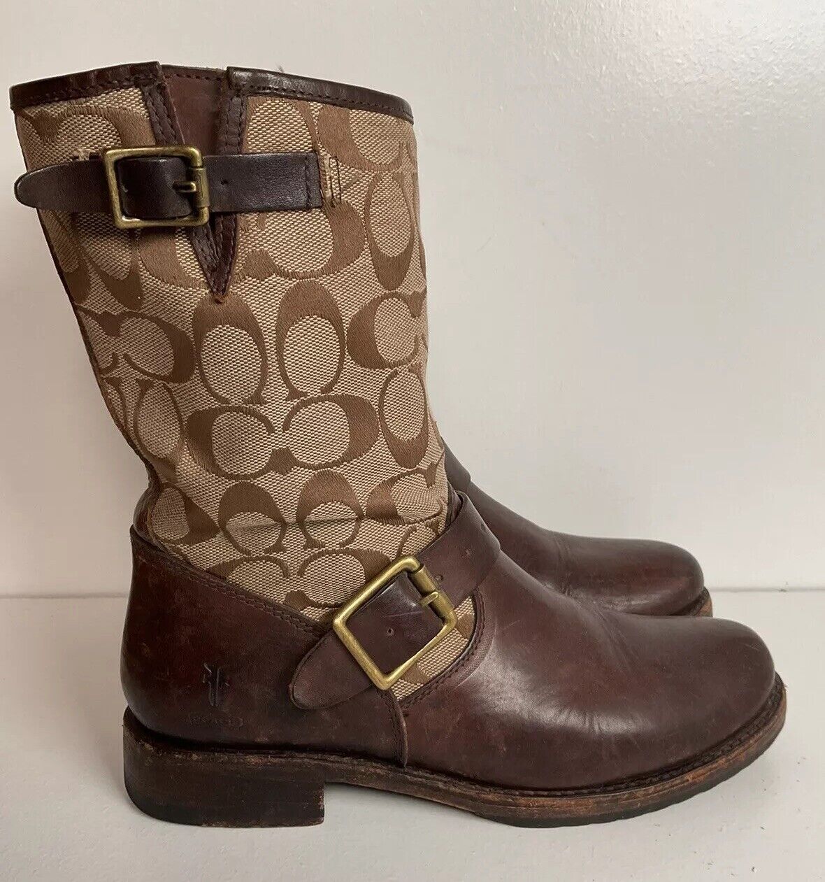 Frye for Coach Veronica Monogram Engineer Boots 8 B Canvas Harness