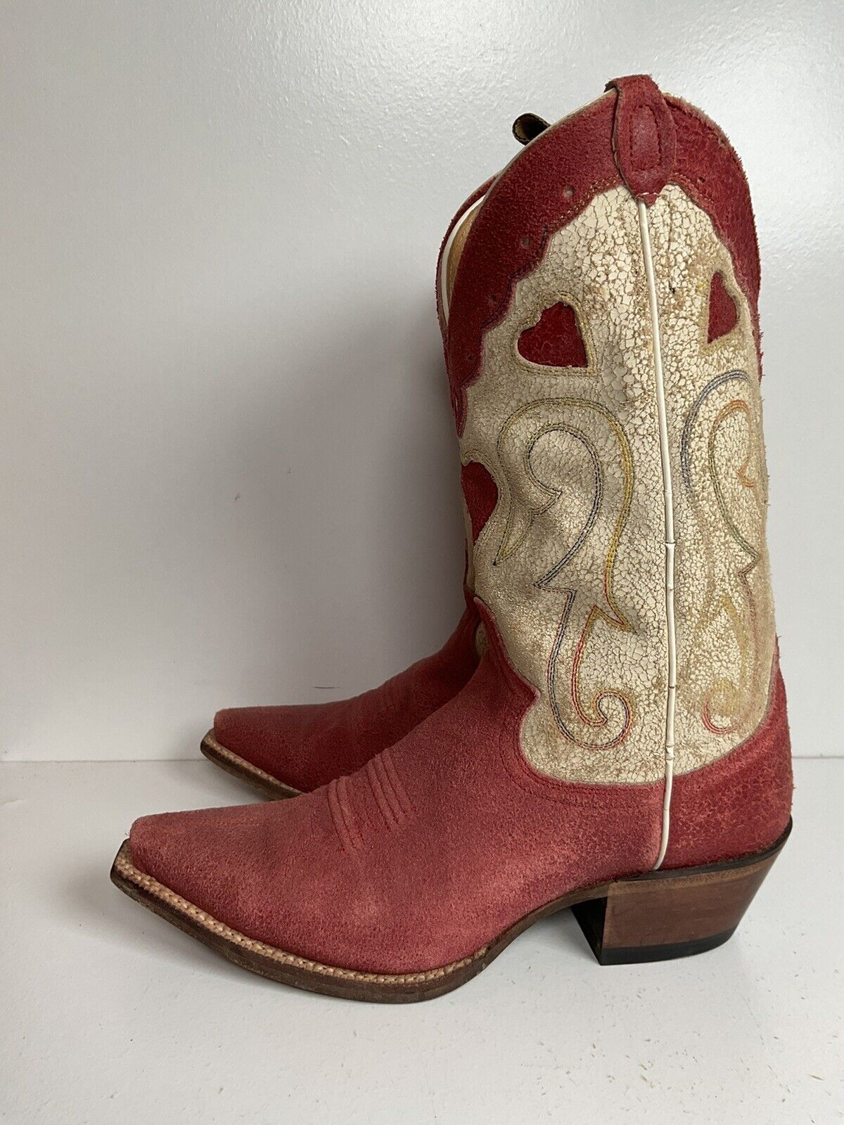 Justin Vintage Collection Cowgirl Boots 7 B Tooled Heart Inlay Crystal Suede