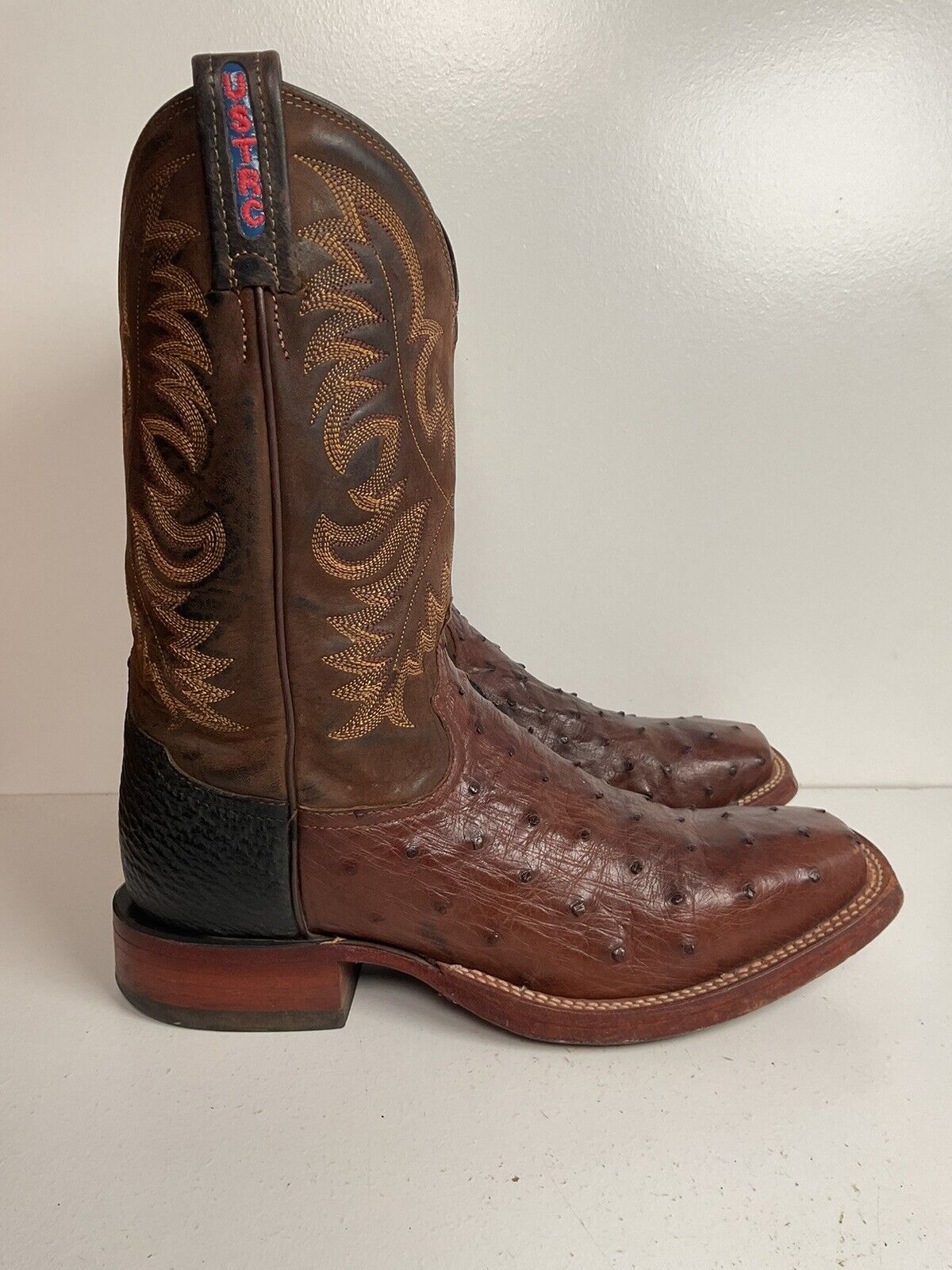 Vintage Tony Lama Exotic Ostrich, Shark Cowboy Boots 8 EE Square Toe Custom