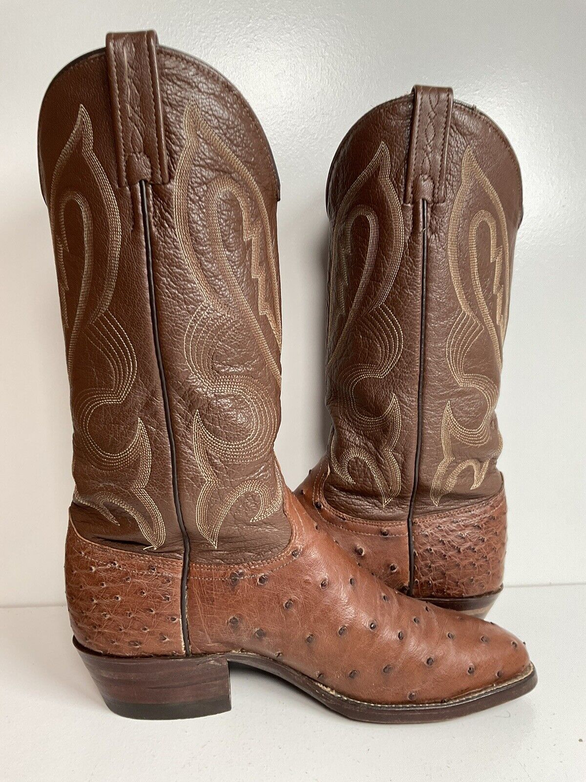 Vintage J Chisholm Exotic Full Quill Ostrich Cowboy Boots 8 D Brown USA Made