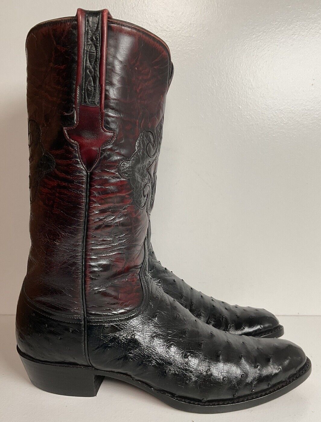 Vintage Lucchese Black Cherry Ostrich Quill Cowboy Boots 10 B Inlay New Soles