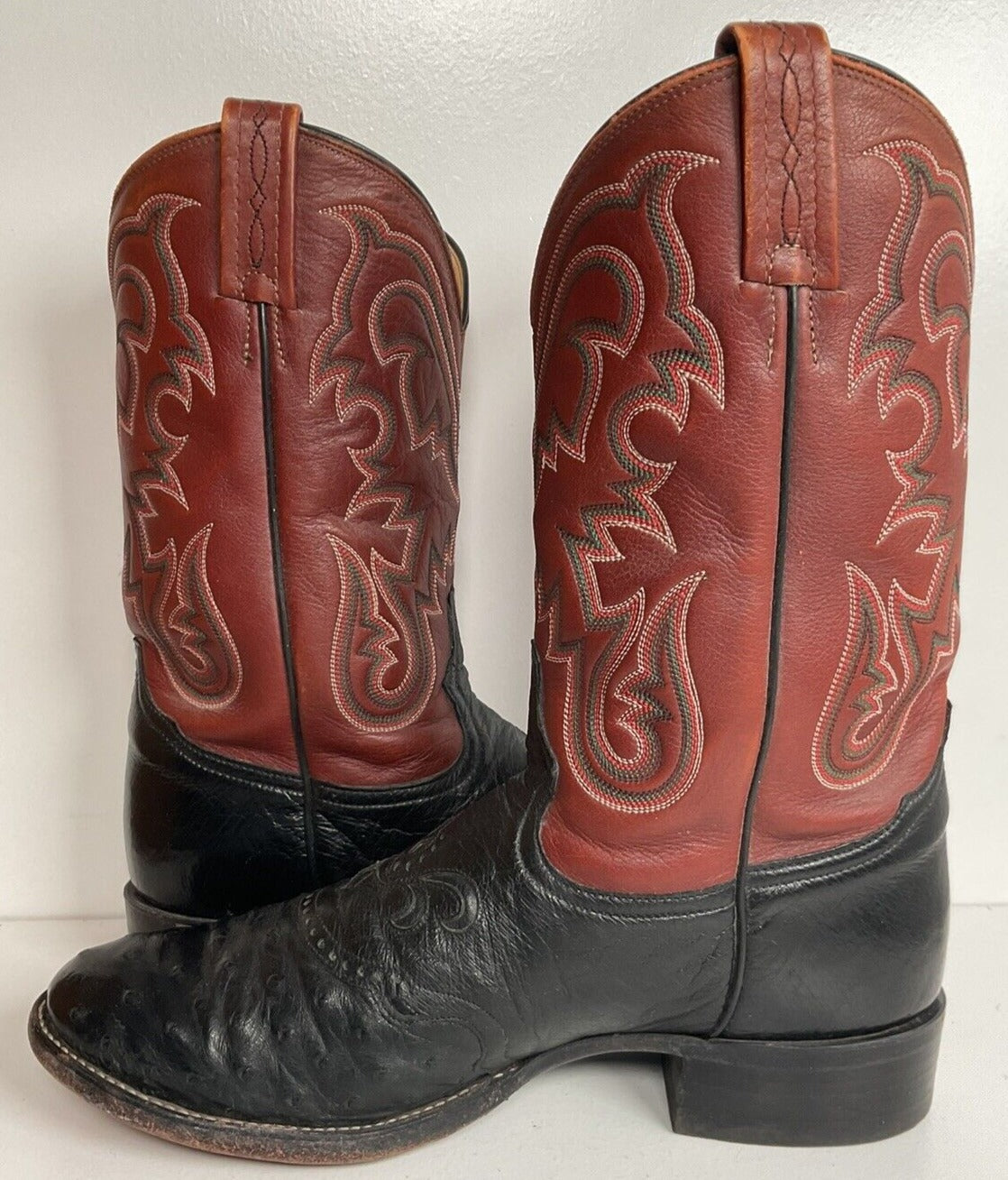 Vintage Tony Lama Exotic Ostrich Quill Roper Boots 10 D Tooled Inlay White Label