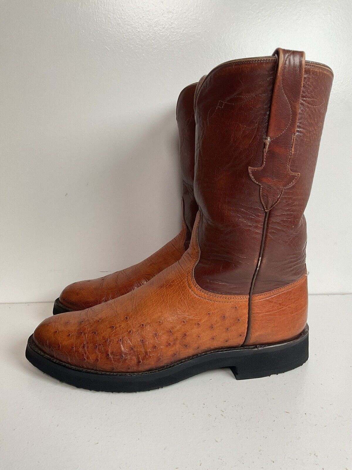 Vintage Lucchese Smooth Ostrich Roper Boots 9 D New Crepe Soles Exotic