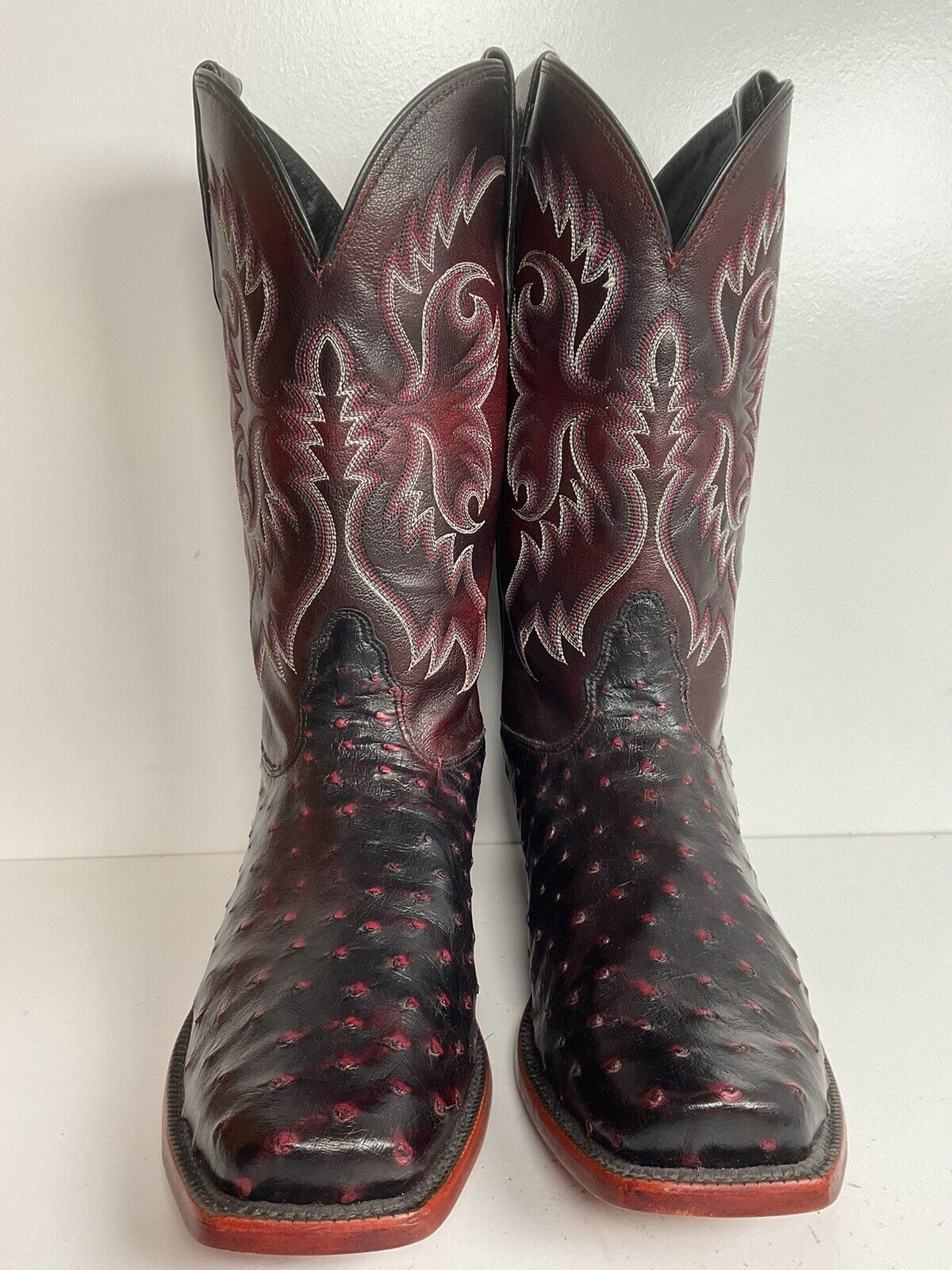 Nocona Black Cherry Ostrich Quill Cowboy Boots 9 EE Handcrafted USA Made