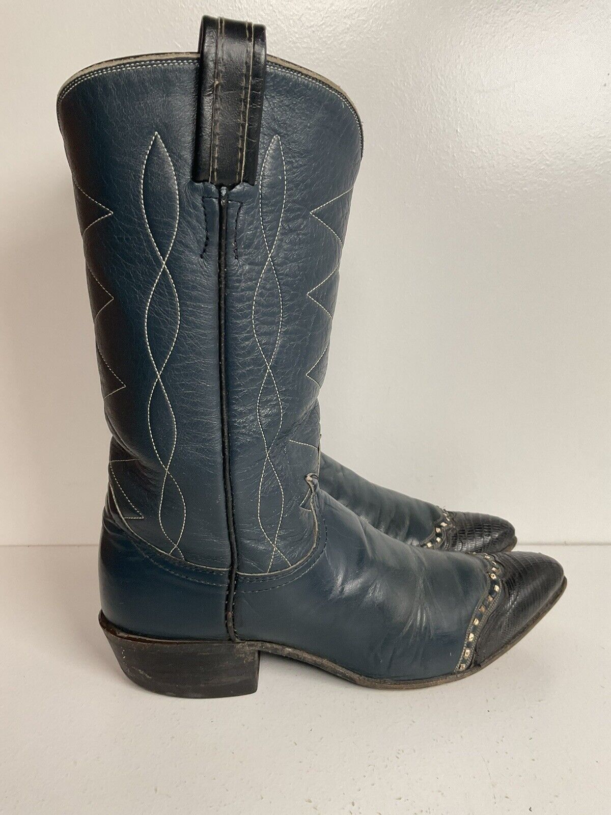 Vintage Tony Lama Navy Blue Cowgirl Boots 5.5 B Black Label Lizard Wingtip