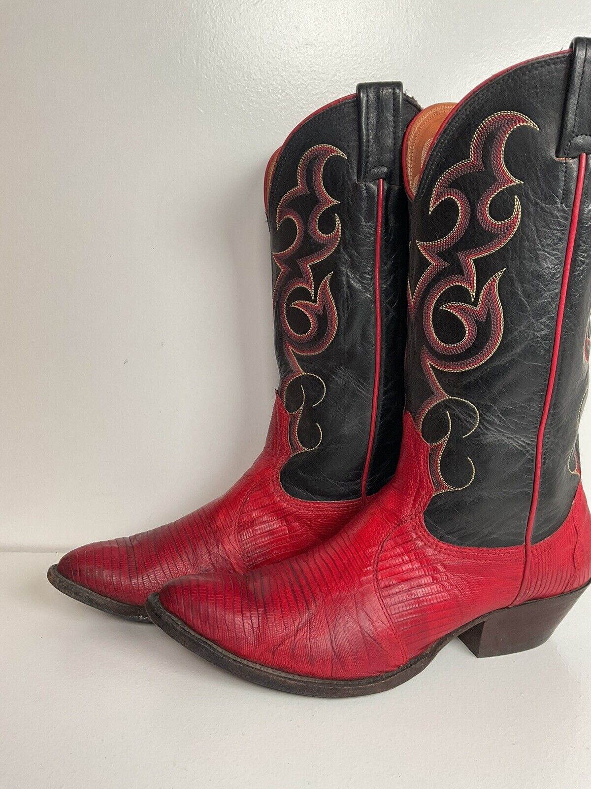 Vintage Nocona Cherry Red Cowgirl Boots 8 B Teju Lizard Vamp USA Made