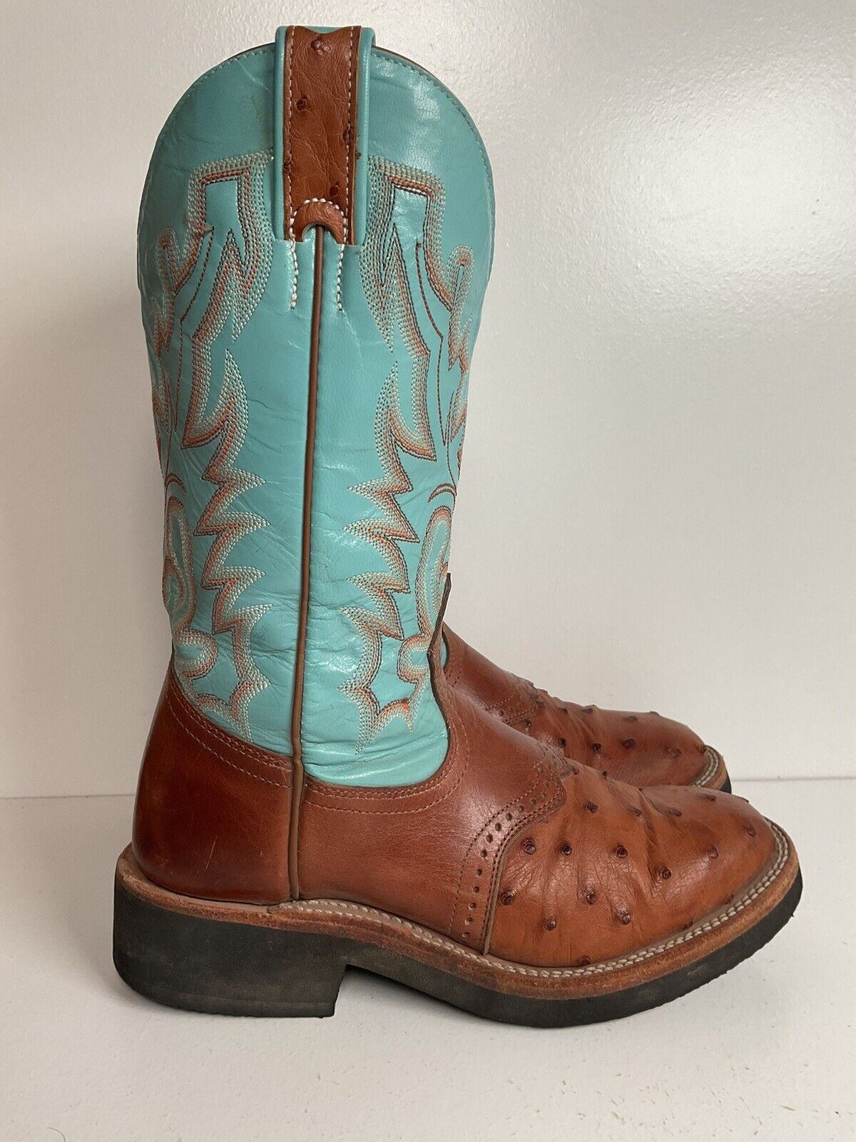 Boulet Exotic Ostrich Quill Cowgirl Roper Boots 7 C Crepe Turquoise