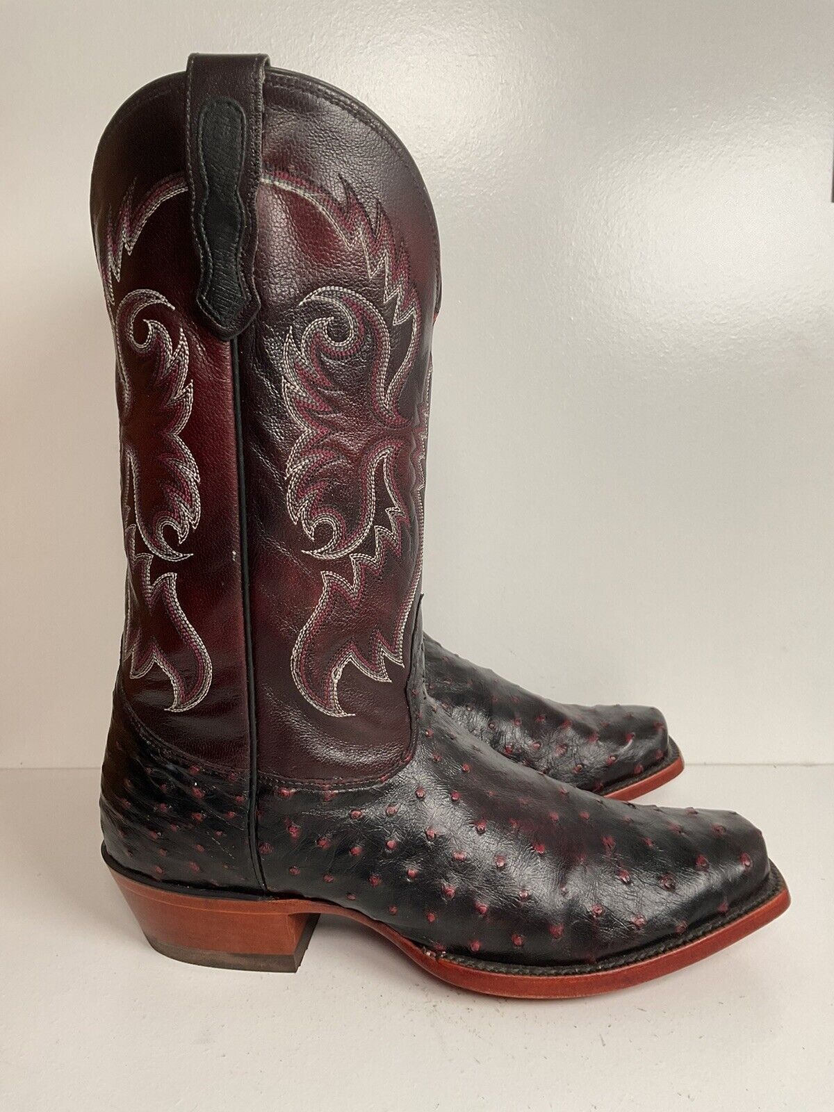 Nocona Black Cherry Ostrich Quill Cowboy Boots 9 EE Handcrafted USA Made