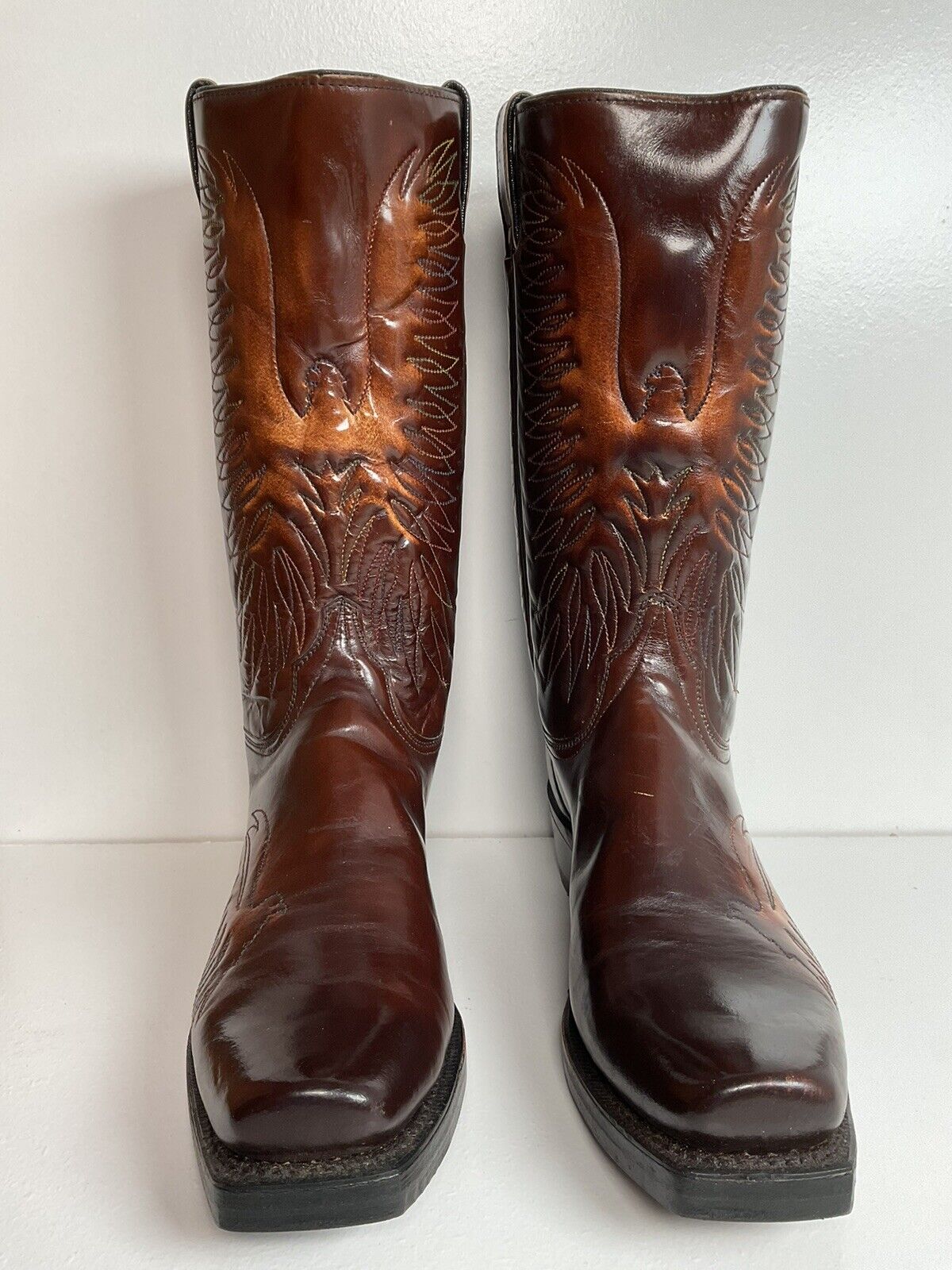 Vintage Wrangler Patent Leather Thunderbird Cowboy Boots 10 B Rainbow Peacock