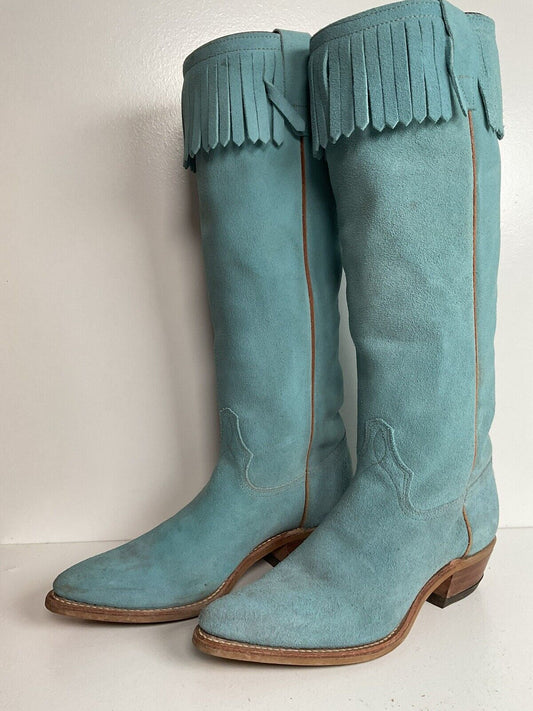 Vintage Wrangler 16.5” Rough Out Suede Cowgirl Boots 6.5 M Fringe Powder Blue