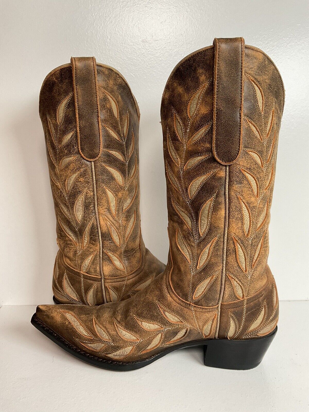 Old Gringo Cowgirl Boots 7 B Tooled Leaf Inlay New Half Soles