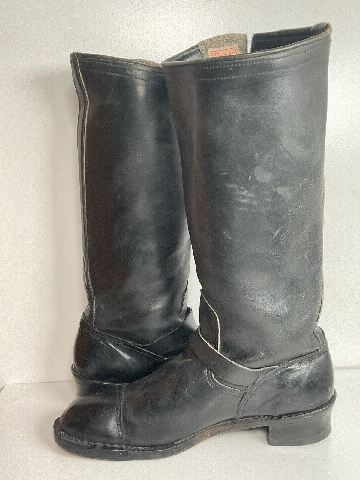 Vintage Sears 18” Tall Harness Engineer Boots 12 Black Leather Old Label 40s 50s