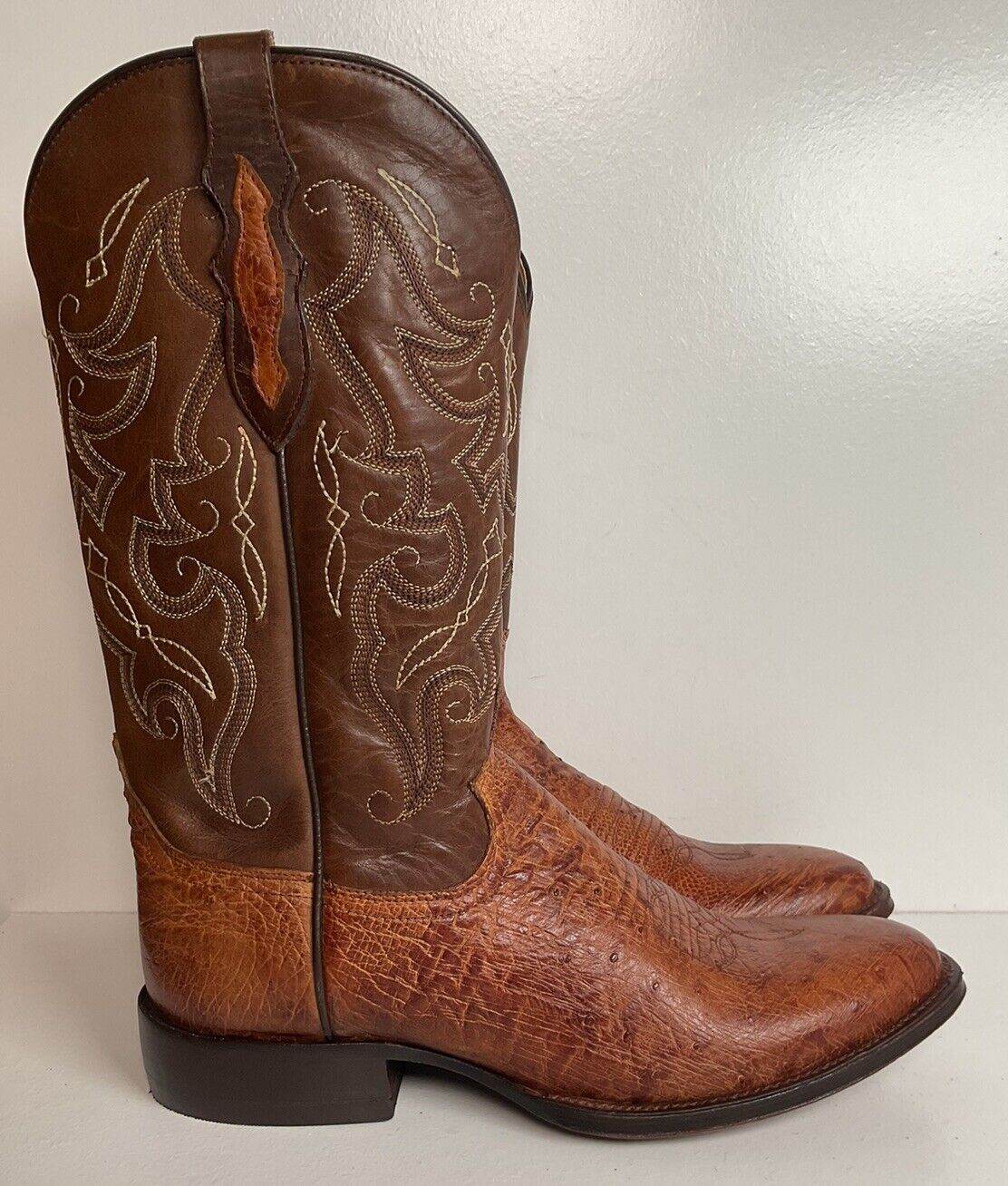 Tony Lama Smooth Patron Saddle Ostrich Cowboy Boots 9 D Marbled Exotic