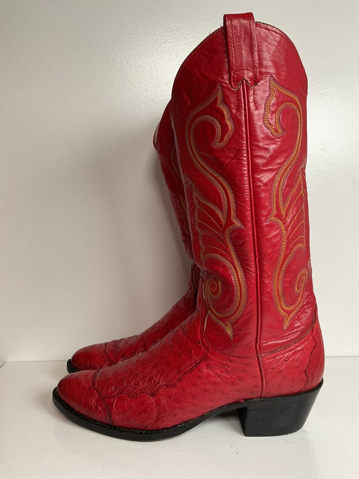 Vintage Larry Mahan Cherry Red Pin Quill Ostrich Cowboy Boots 10.5 D New Half Soles