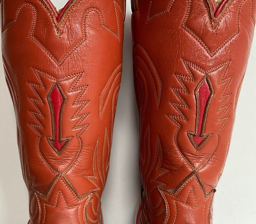 Vintage Tony Lama Burnt Orange Cowgirl Boots 6.5 C Tooled Inlay