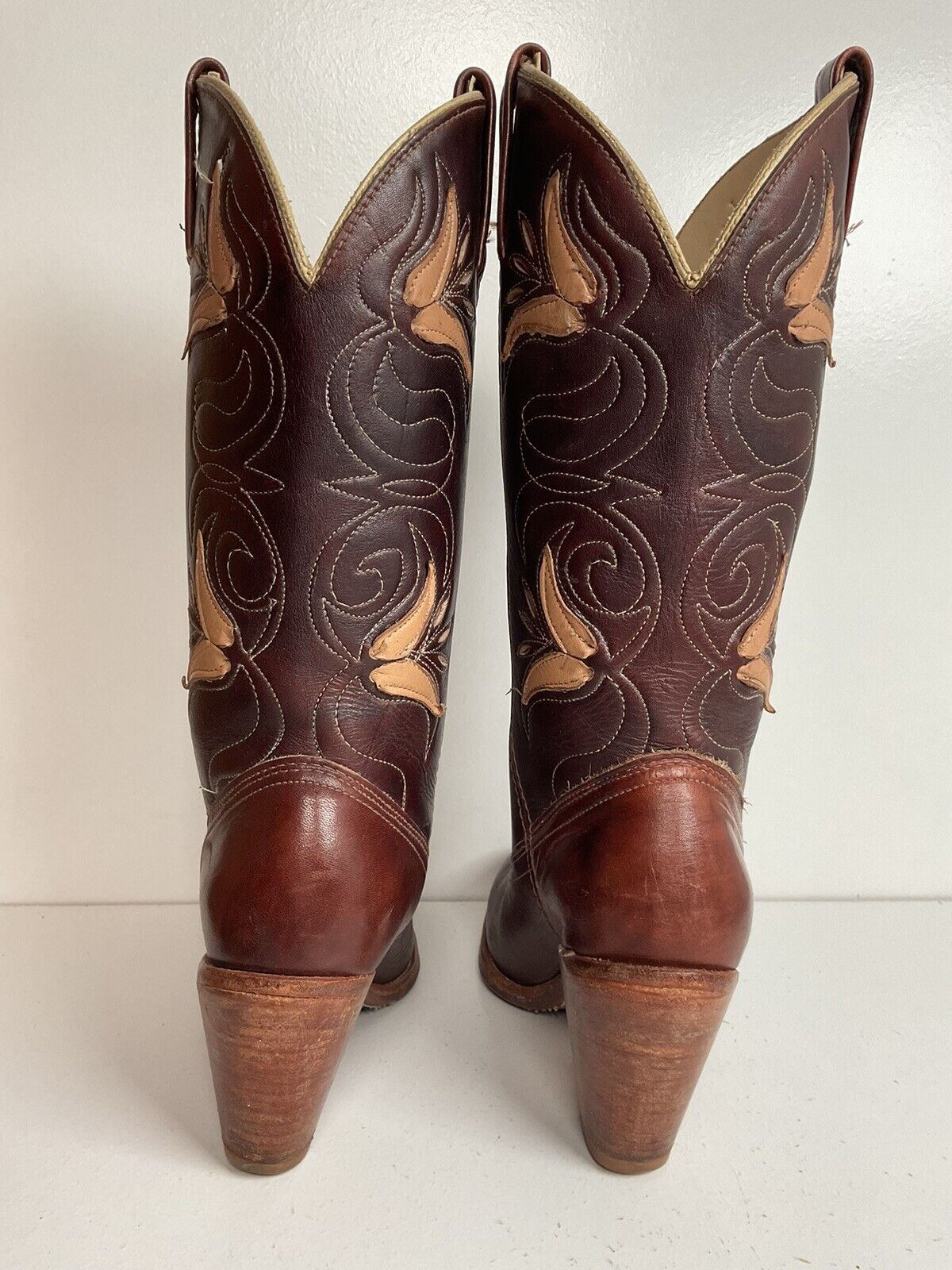 Vintage Dingo Acme 14” Brown Floral Cowgirl Boots 6 M Tooled Tulip Overlay