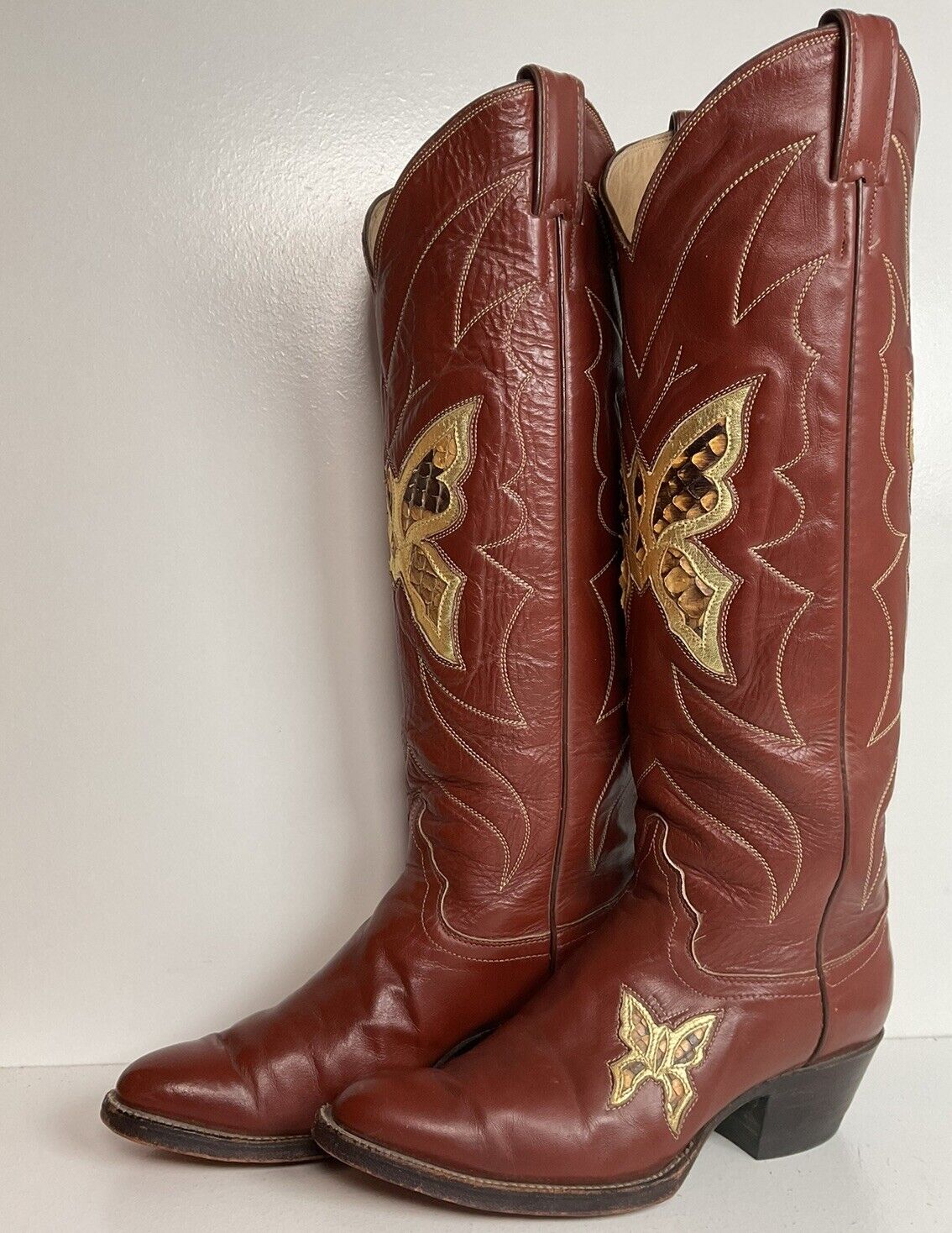 Vintage Justin Tall Butterfly Inlay Cowgirl Boots 6.5 C Snakeskin 70s