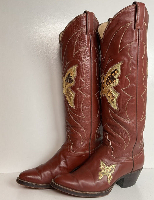 Vintage Justin Tall Butterfly Inlay Cowgirl Boots 6.5 C Snakeskin 70s