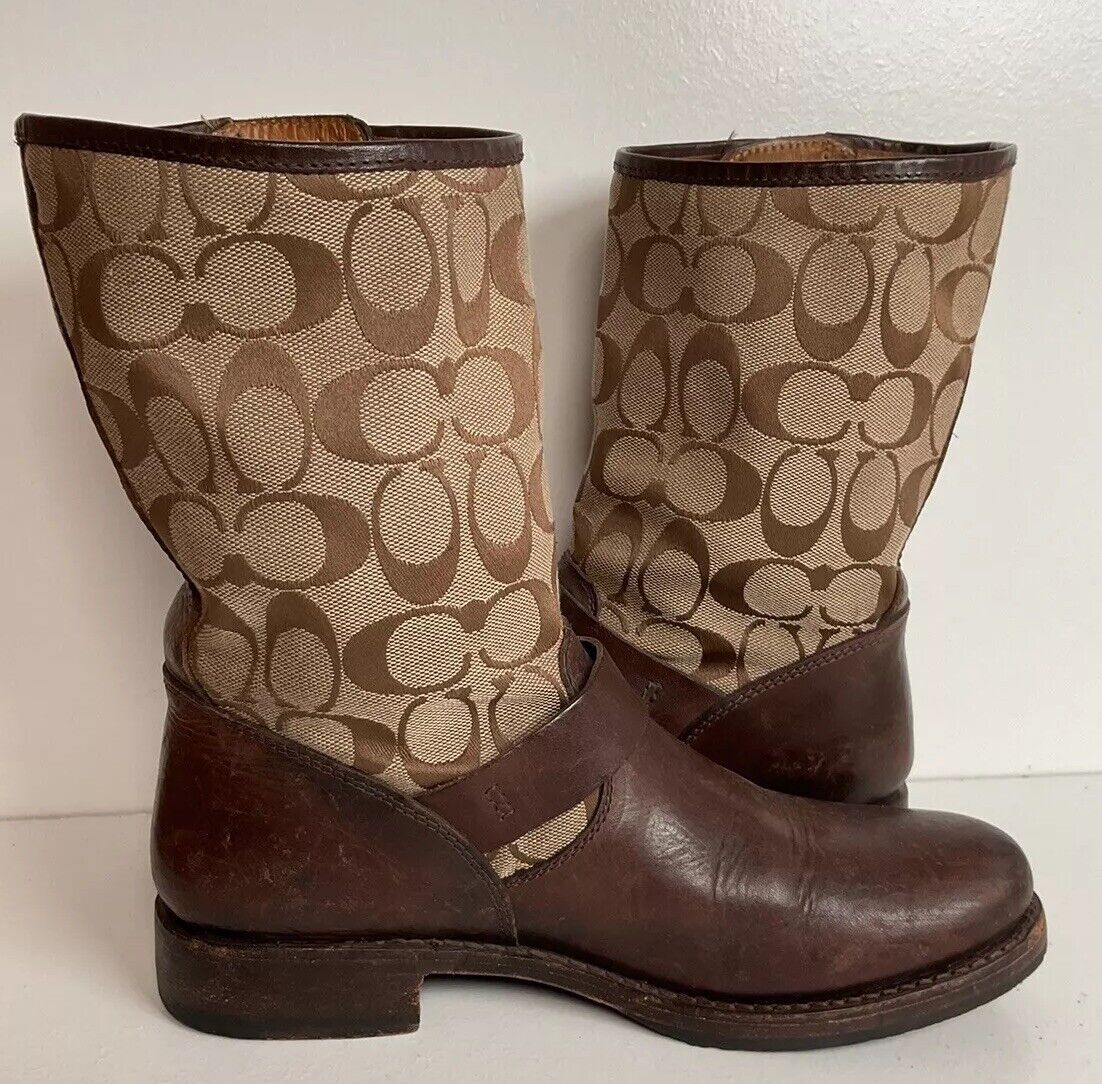 Frye for Coach Veronica Monogram Engineer Boots 8 B Canvas Harness