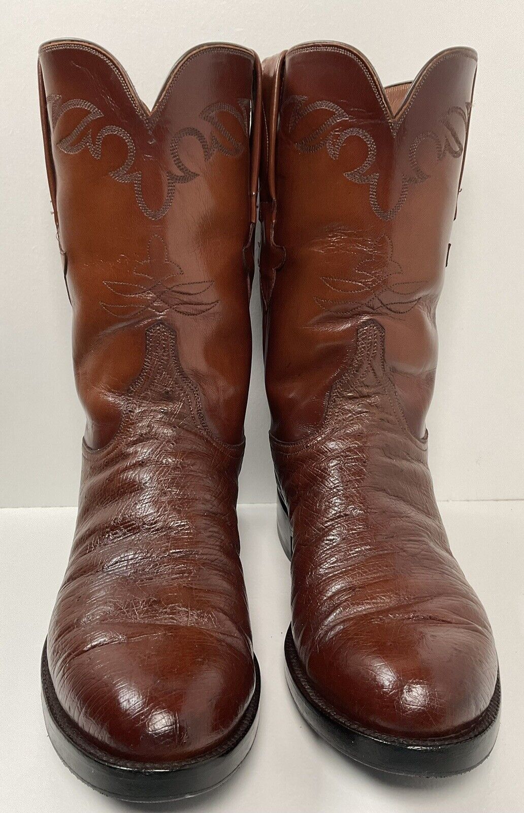 Vintage Lucchese Handmade Smooth Ostrich Roper Boots 10 D Exotic Cowboy