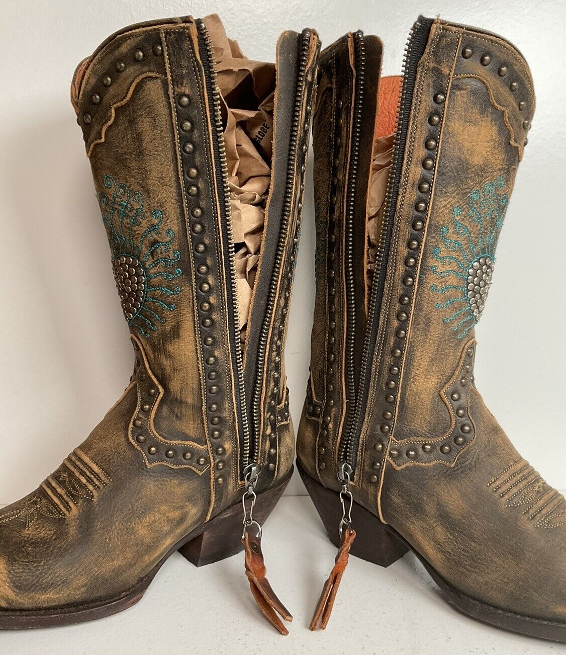 Dan Post Blue Bird Heart Breaker Cowgirl Boots 7 M Side Zipper Bedazzled