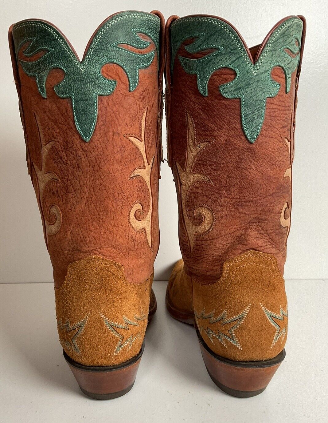 Lucchese 1883 Rough Out Suede Cowgirl Boots 6.5 B USA Tooled Inlay, Overlay