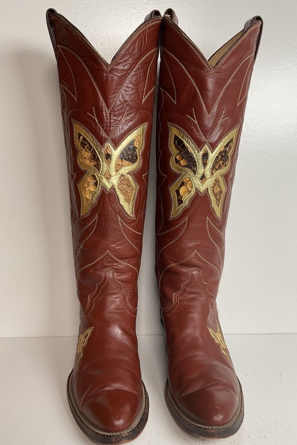 Vintage Justin Tall Butterfly Inlay Cowgirl Boots 6.5 C Snakeskin 70s