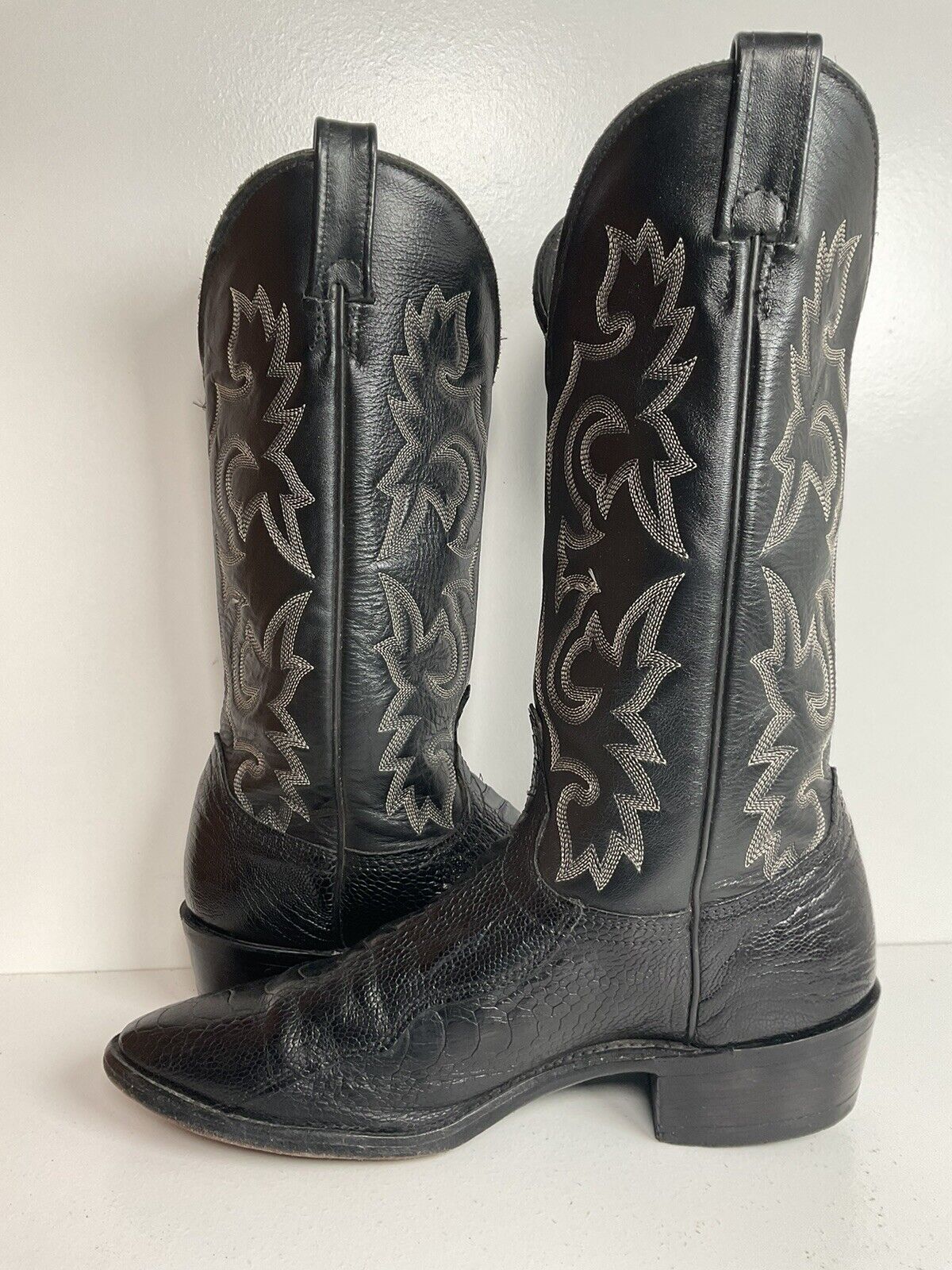 Vintage J Chisholm Exotic Ostrich Leg Cowboy Boots 9 D Classic Black USA Made