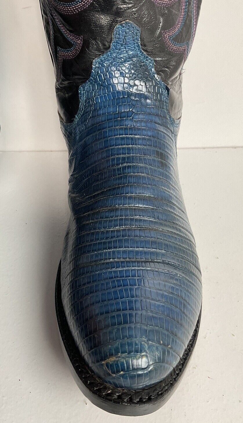 Vintage Justin Tall Blue Lizard Cowgirl Boots 6.5 B USA Made New Half Soles