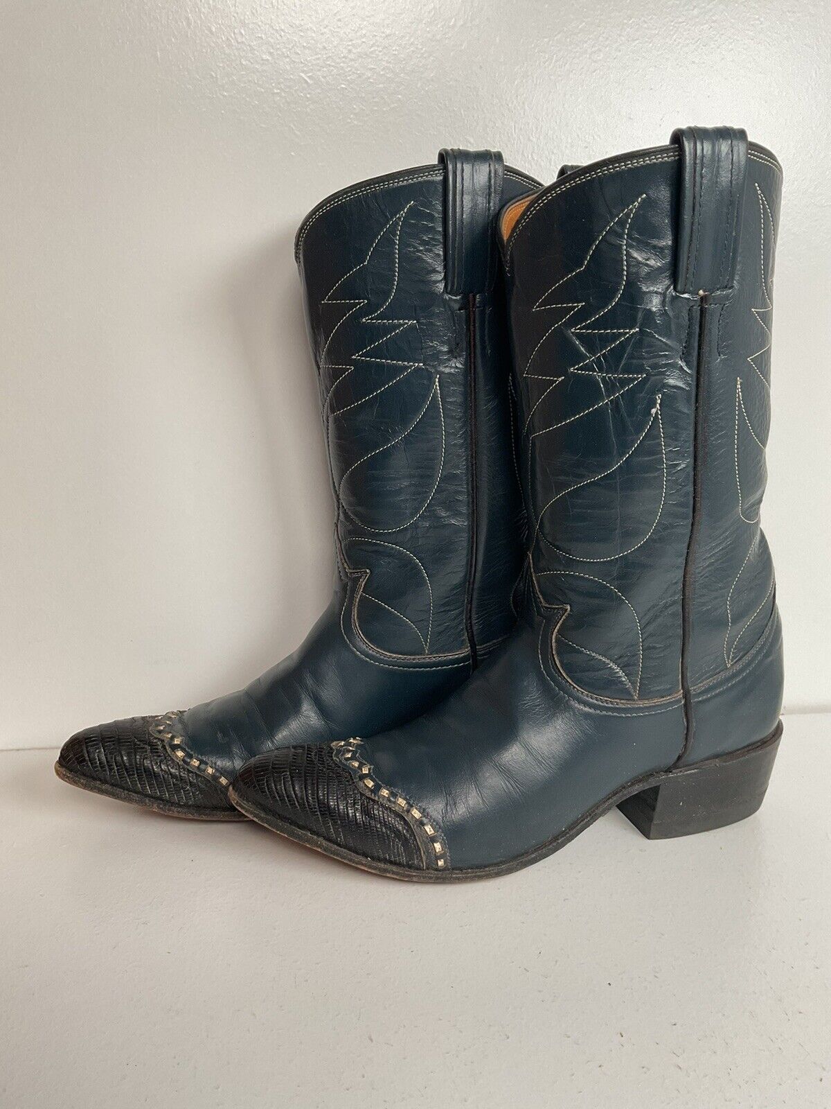 Vintage Tony Lama Navy Blue Cowgirl Boots 6 A W/Box Lizard Wingtip