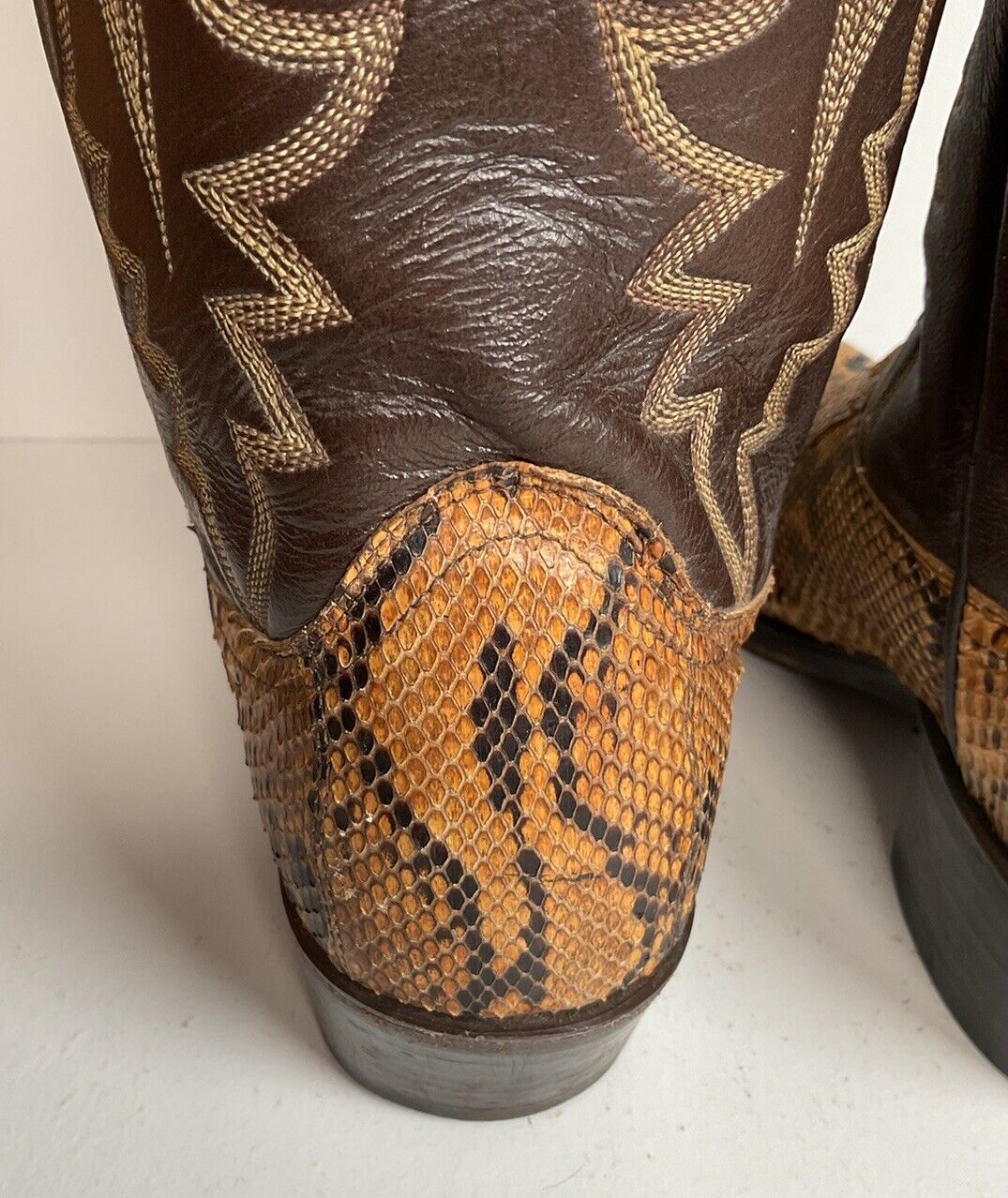 Vintage Dan Post Python Snakeskin Cowboy Boots 10 D Old Label Front Cut