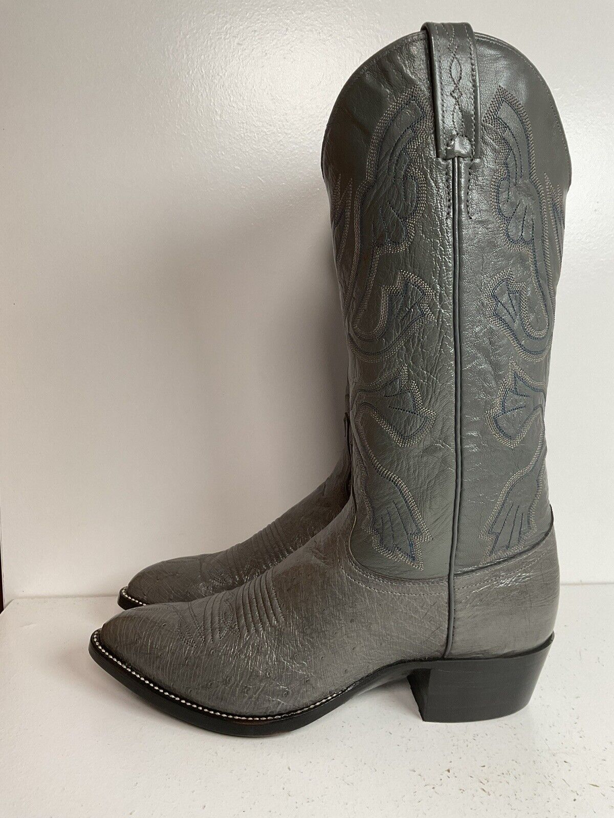 Vintage J. Chisholm Grey Smooth Ostrich Cowboy Boots 7.5 D New Old Stock Exotic