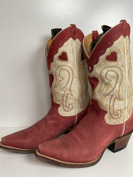 Justin Vintage Collection Cowgirl Boots 7 B Tooled Heart Inlay Crystal Suede