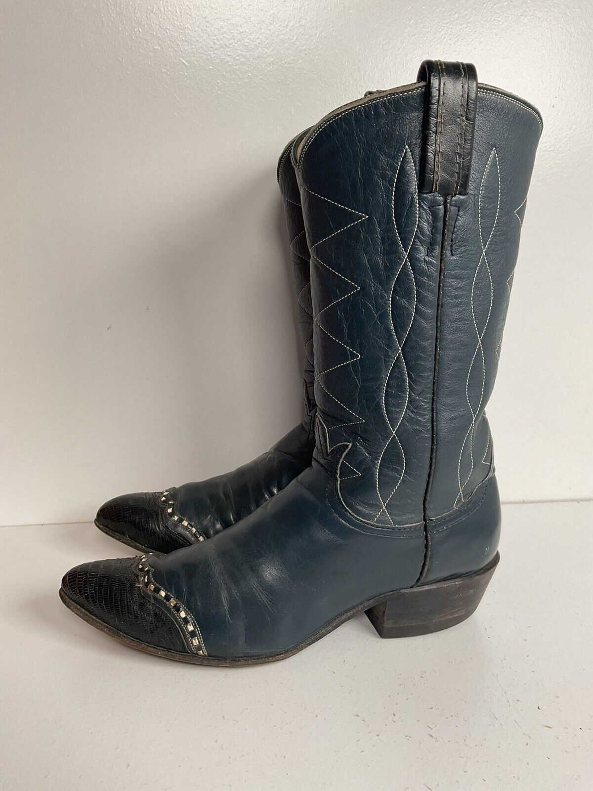 Vintage Tony Lama Navy Blue Cowgirl Boots 5.5 B Black Label Lizard Wingtip