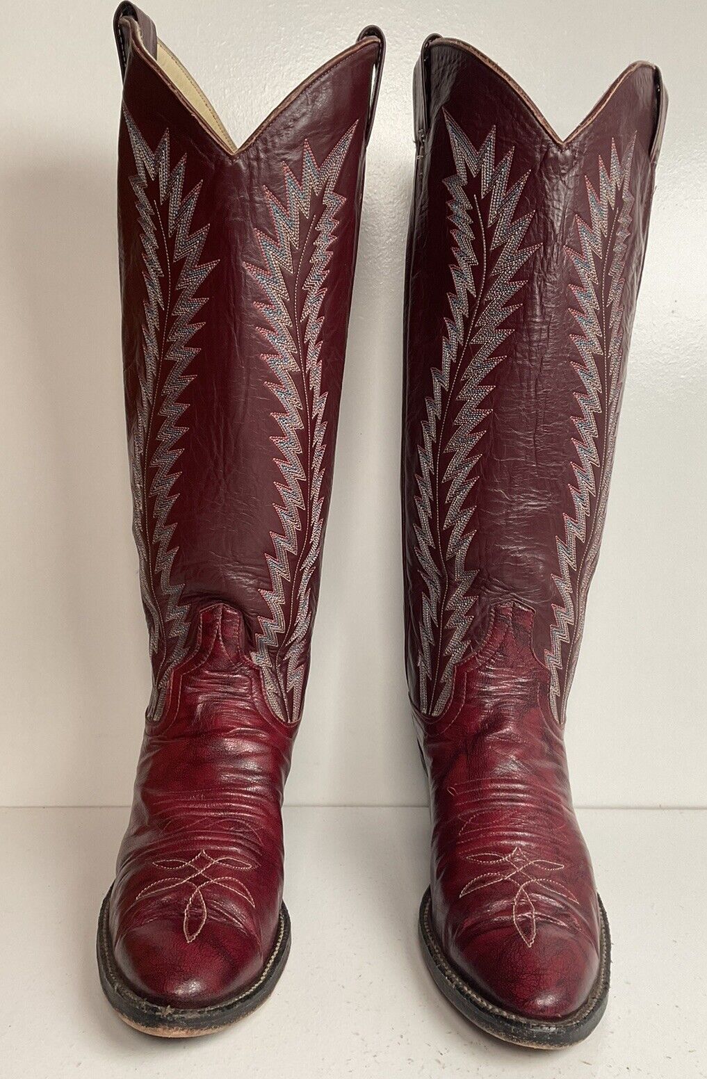 Vintage Larry Mahan 17” Tall Cowgirl Boots 8 B Burgundy Leather