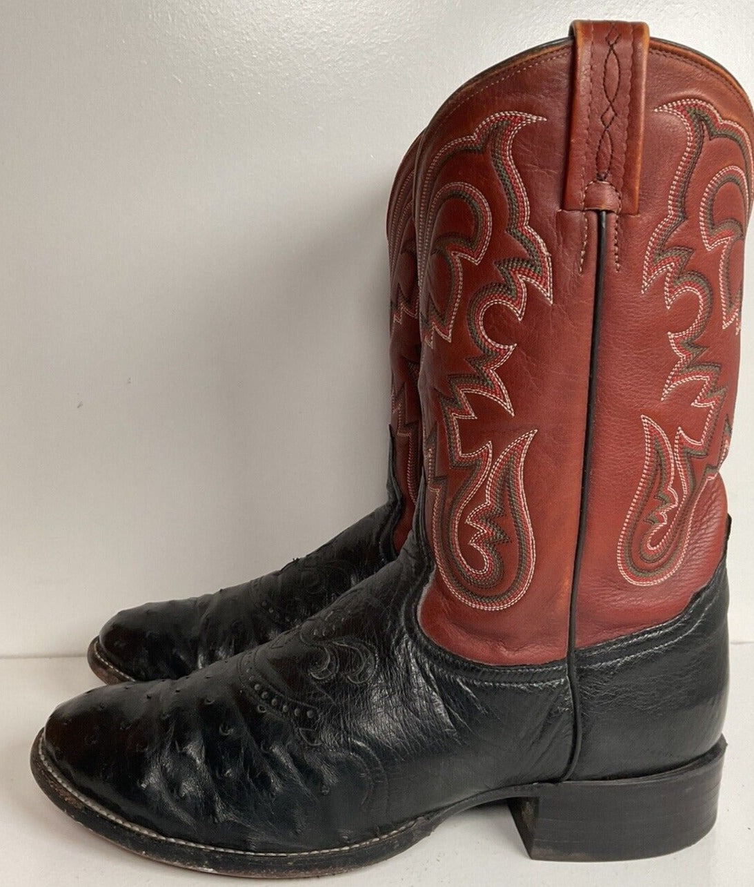 Vintage Tony Lama Exotic Ostrich Quill Roper Boots 10 D Tooled Inlay White Label