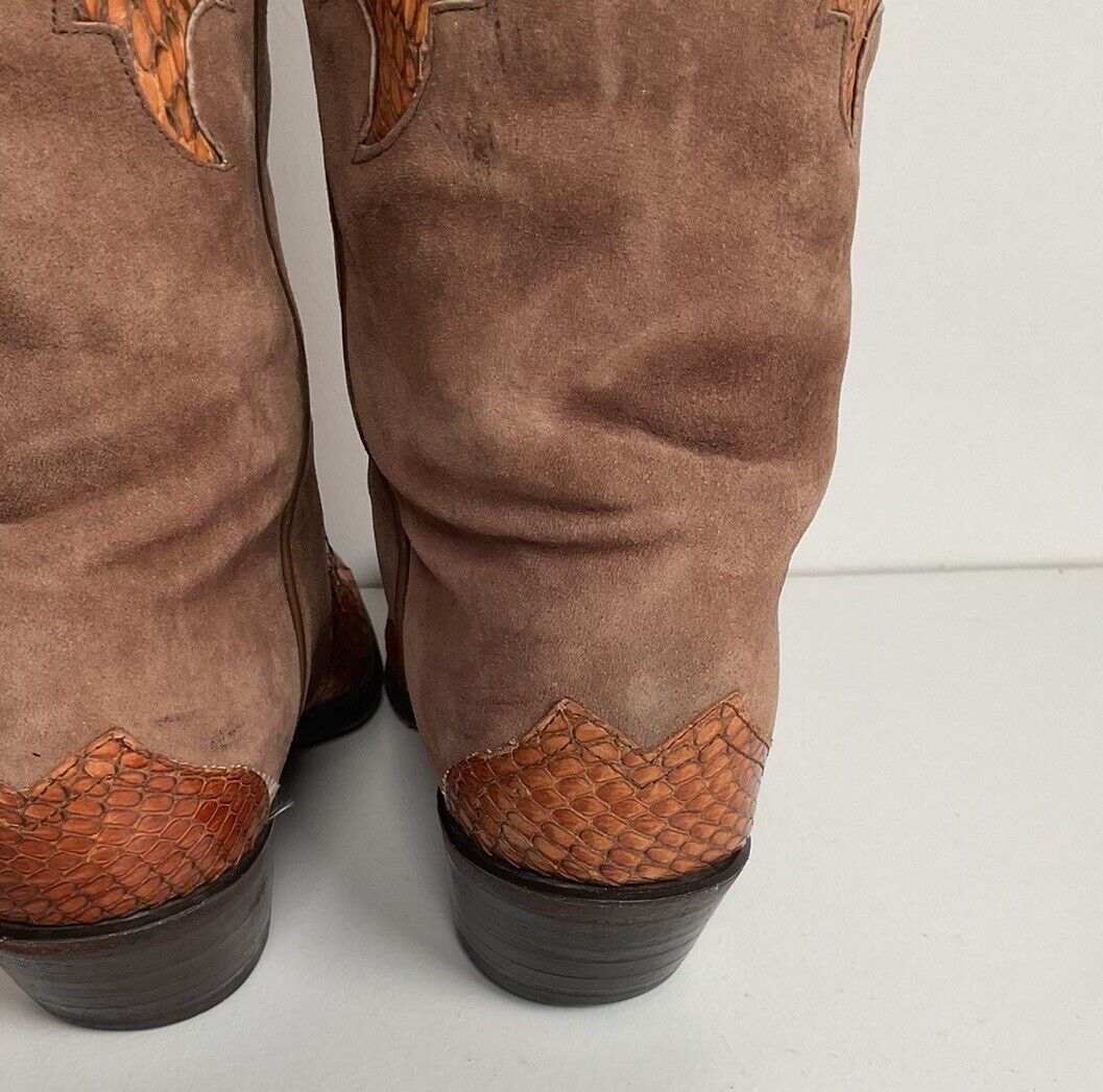 Vintage Larry Mahan Tall Cowgirl Boots 7 B Tooled Snakeskin Inlay