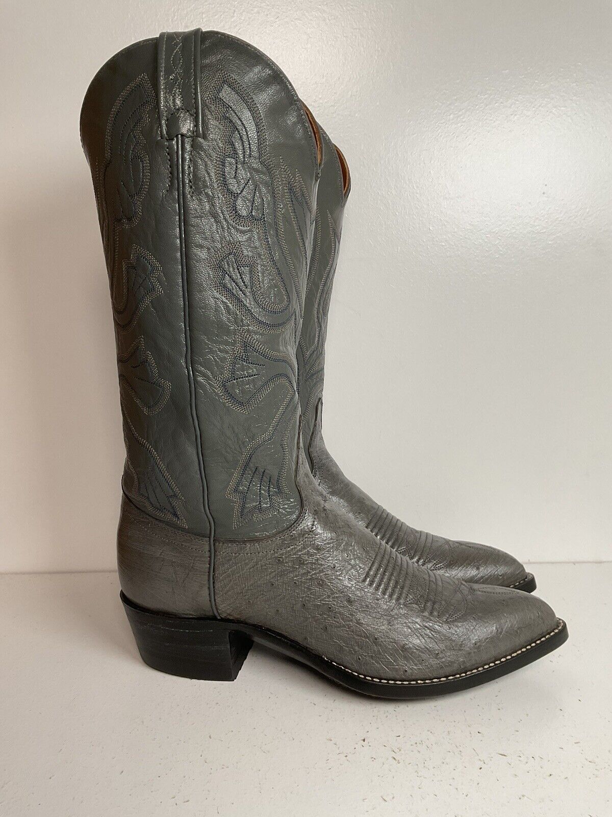 Vintage J. Chisholm Grey Smooth Ostrich Cowboy Boots 7.5 D New Old Stock Exotic