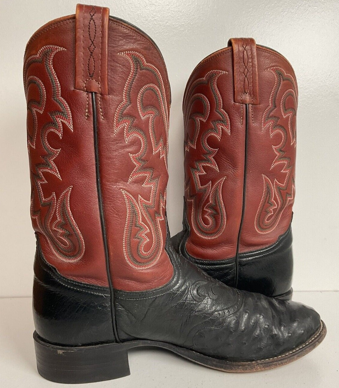 Vintage Tony Lama Exotic Ostrich Quill Roper Boots 10 D Tooled Inlay White Label