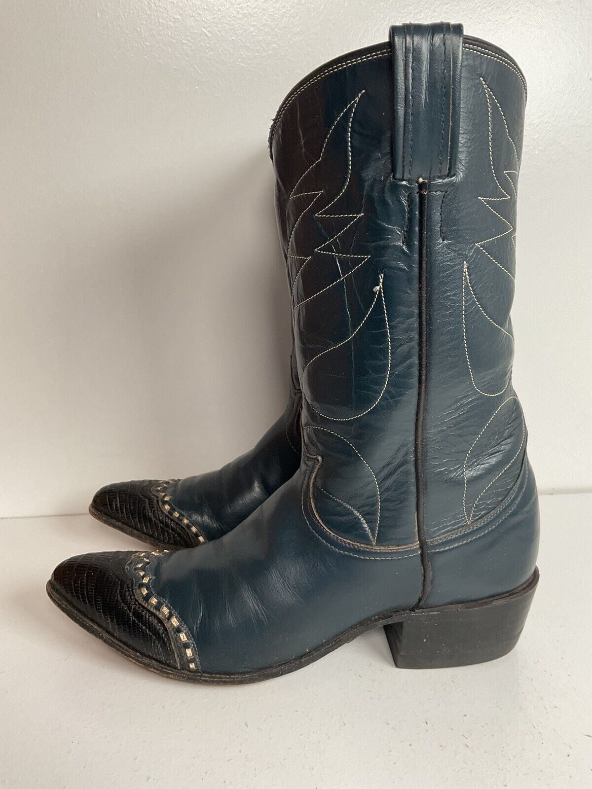 Vintage Tony Lama Navy Blue Cowgirl Boots 6 A W/Box Lizard Wingtip