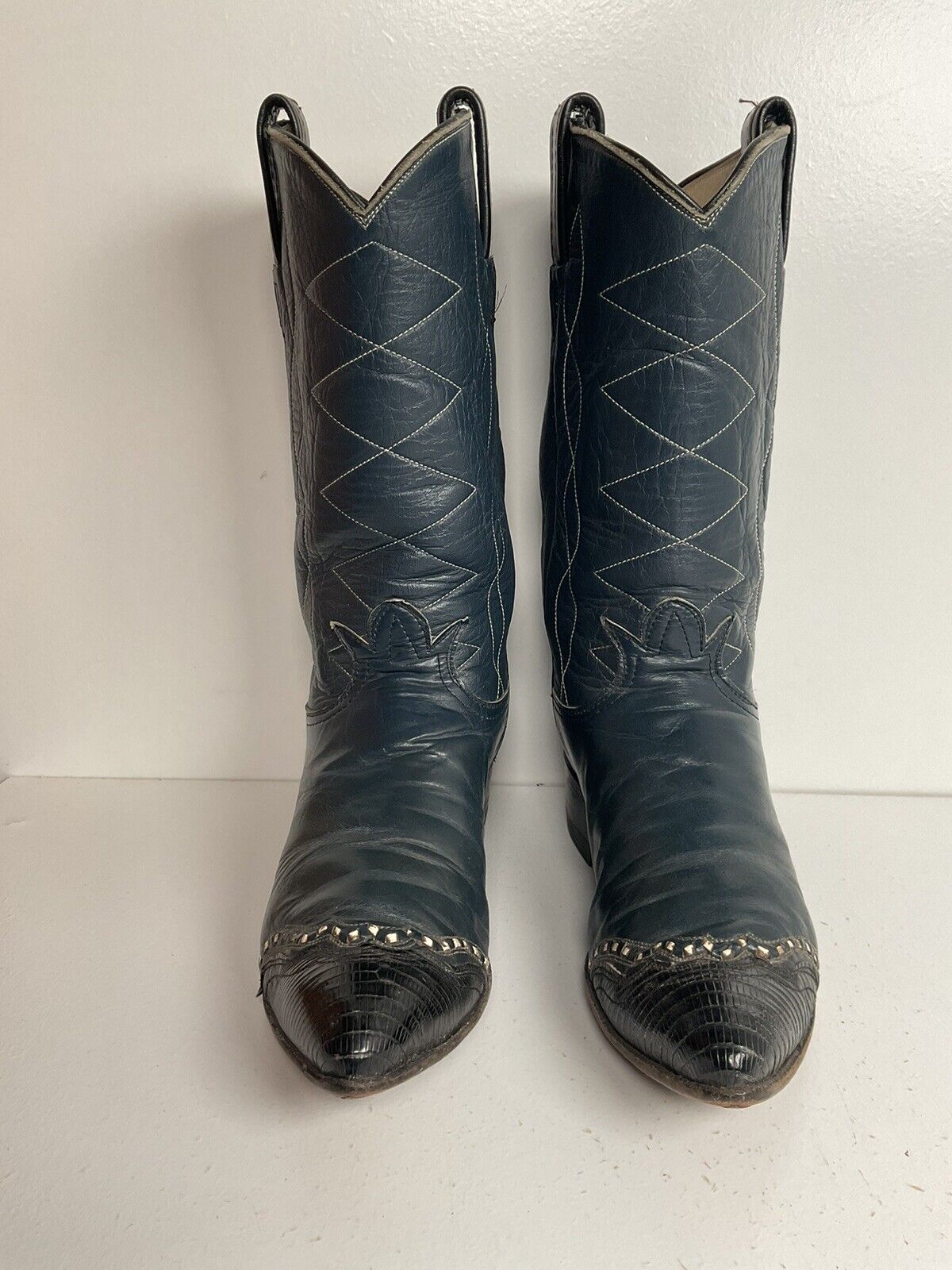 Vintage Tony Lama Navy Blue Cowgirl Boots 5.5 B Black Label Lizard Wingtip