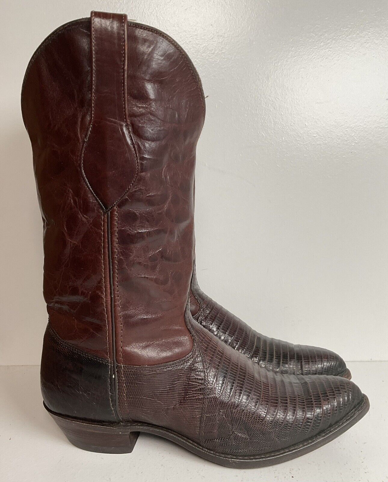 Vintage Wrangler Teju Lizard Cowboy Boots 9.5 M USA Mahogany Brown