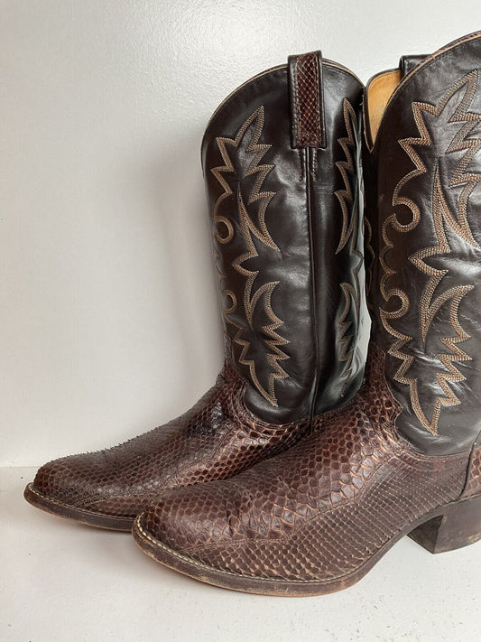 Vintage Dan Post Brown Front Cut Python Cowboy Boots 9.5 D Snakeskin USA Made