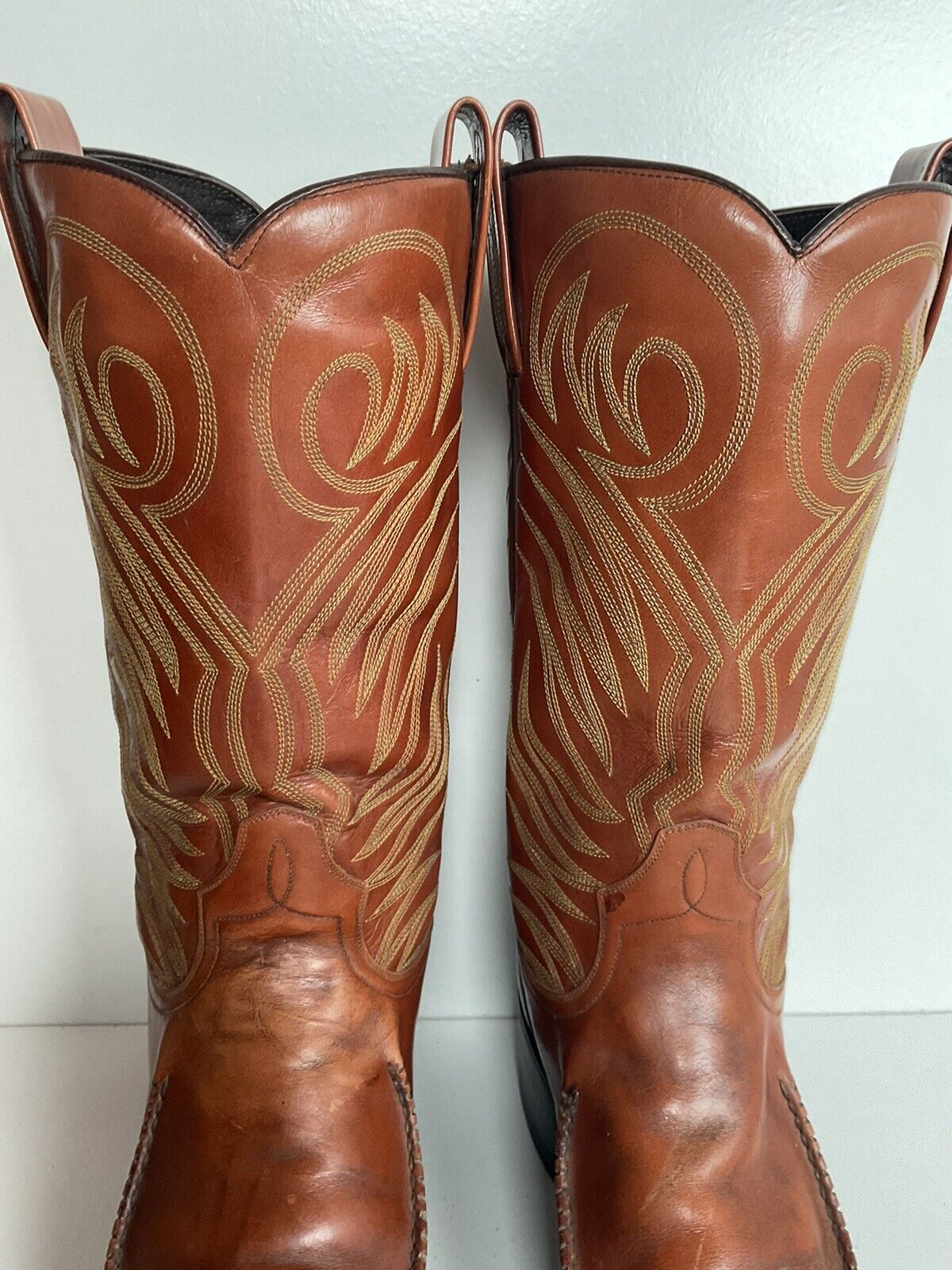 Vintage Dan Post Whip Stitch Cowboy Boots 9 D Made In Spain Stove Pipe