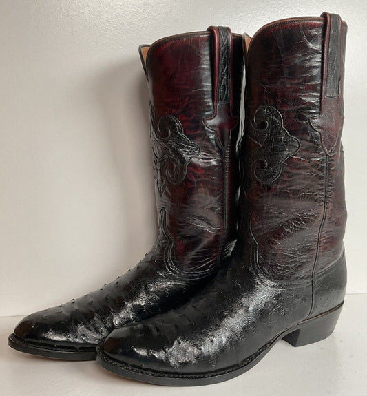 Vintage Lucchese Black Cherry Ostrich Quill Cowboy Boots 10 B Inlay New Soles