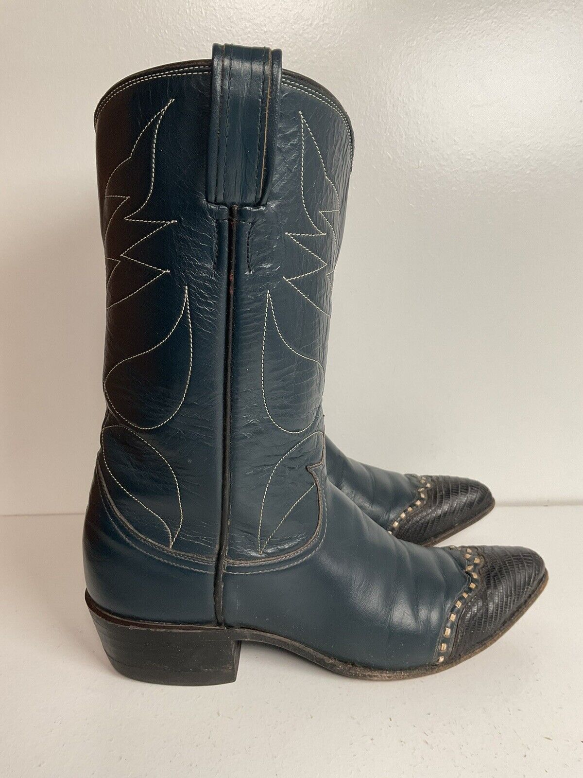 Vintage Tony Lama Navy Blue Cowgirl Boots 6 A Lizard Wingtip