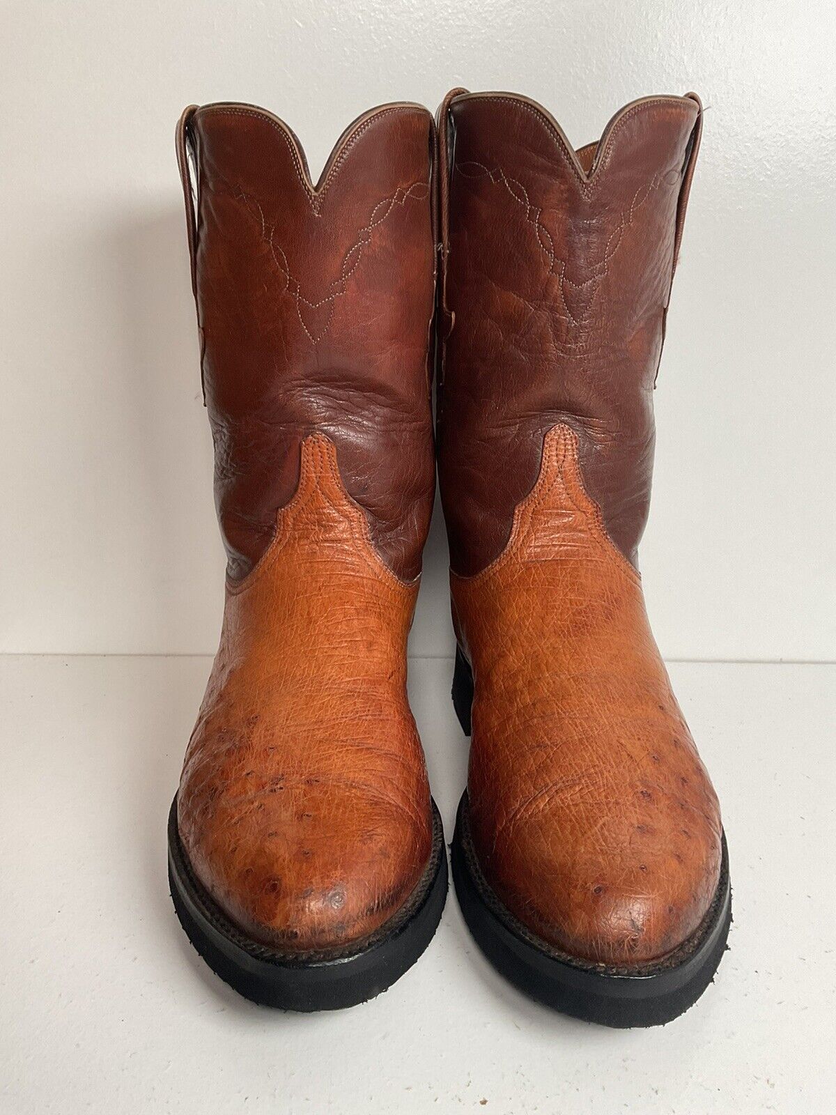 Vintage Lucchese Smooth Ostrich Roper Boots 9 D New Crepe Soles Exotic