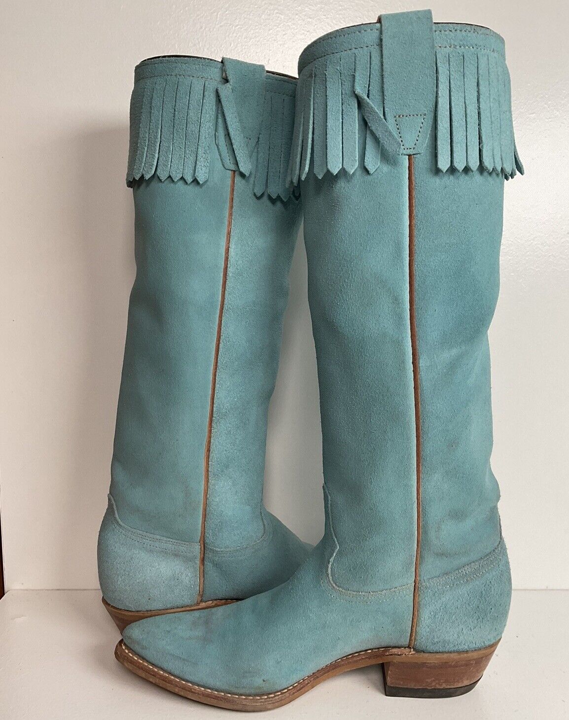 Vintage Wrangler 16.5” Rough Out Suede Cowgirl Boots 6.5 M Fringe Powder Blue